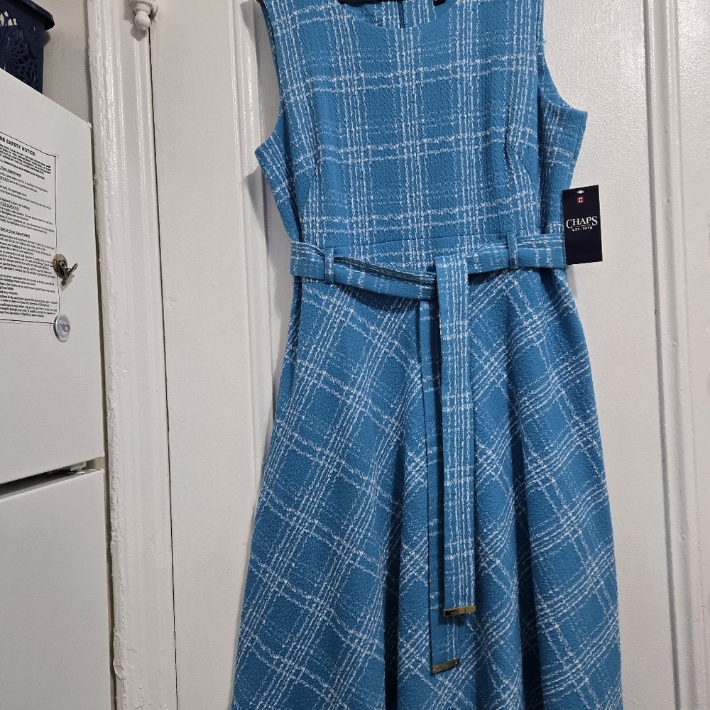 Chaps Blue Plaid Midi Dress with Belt